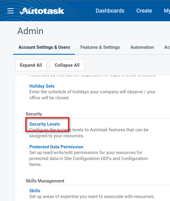 Security Levels under Resources/Users Security section