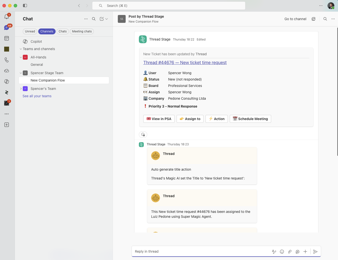 A ticket card posted by the companion app in Microsoft Teams, followed by internal note replies for auto-generated title and assignment activity.