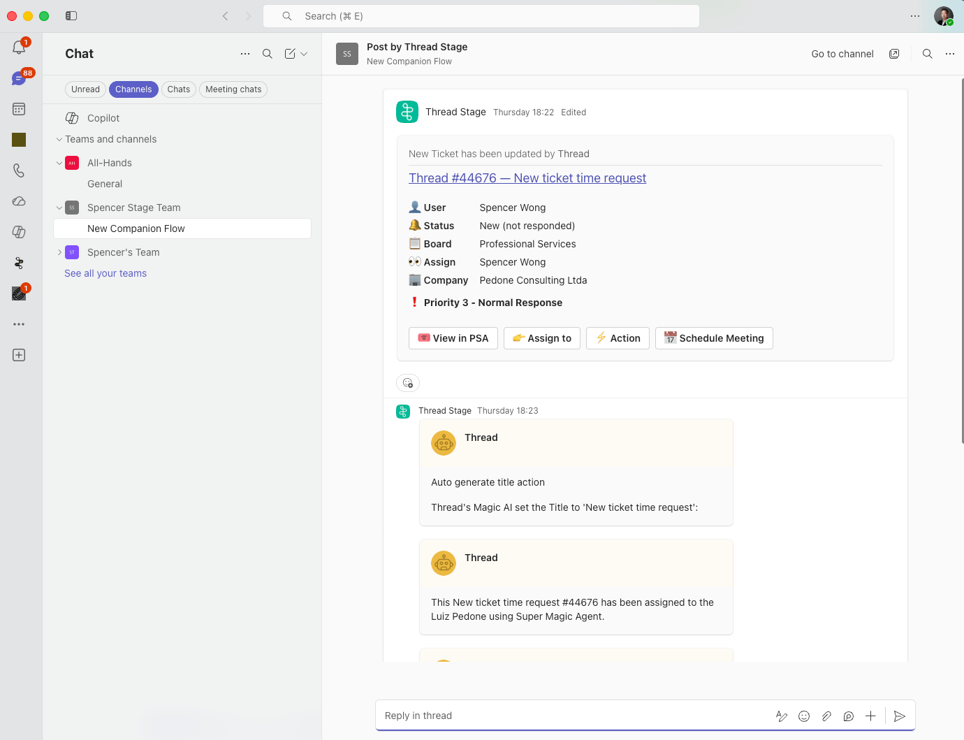 A ticket card posted by the companion app in Microsoft Teams, followed by internal note replies for auto-generated title and assignment activity.