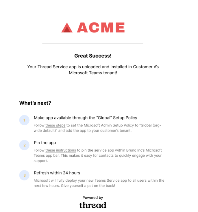 Confirmation screen after granting permissions