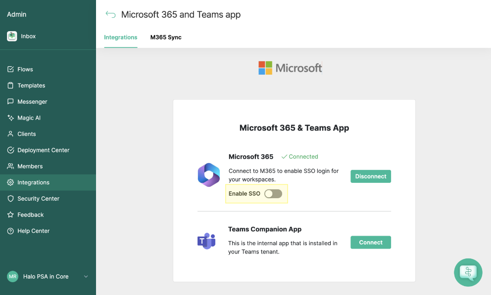 Enable SSO toggle set to ON below the connected Microsoft 365 integration