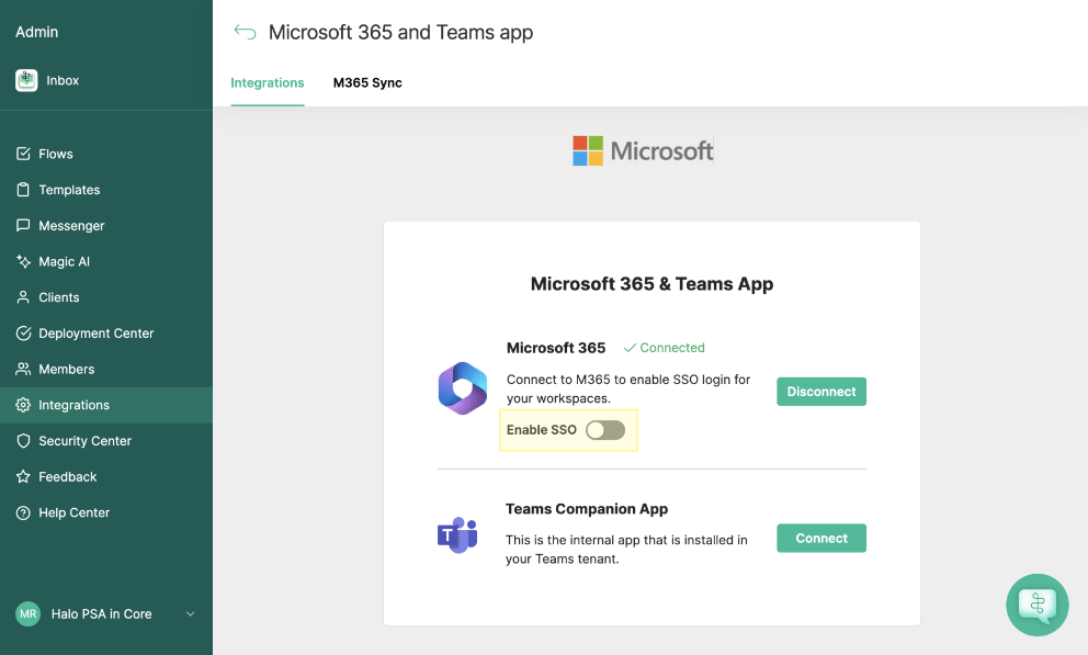 Enable SSO toggle set to ON below the connected Microsoft 365 integration