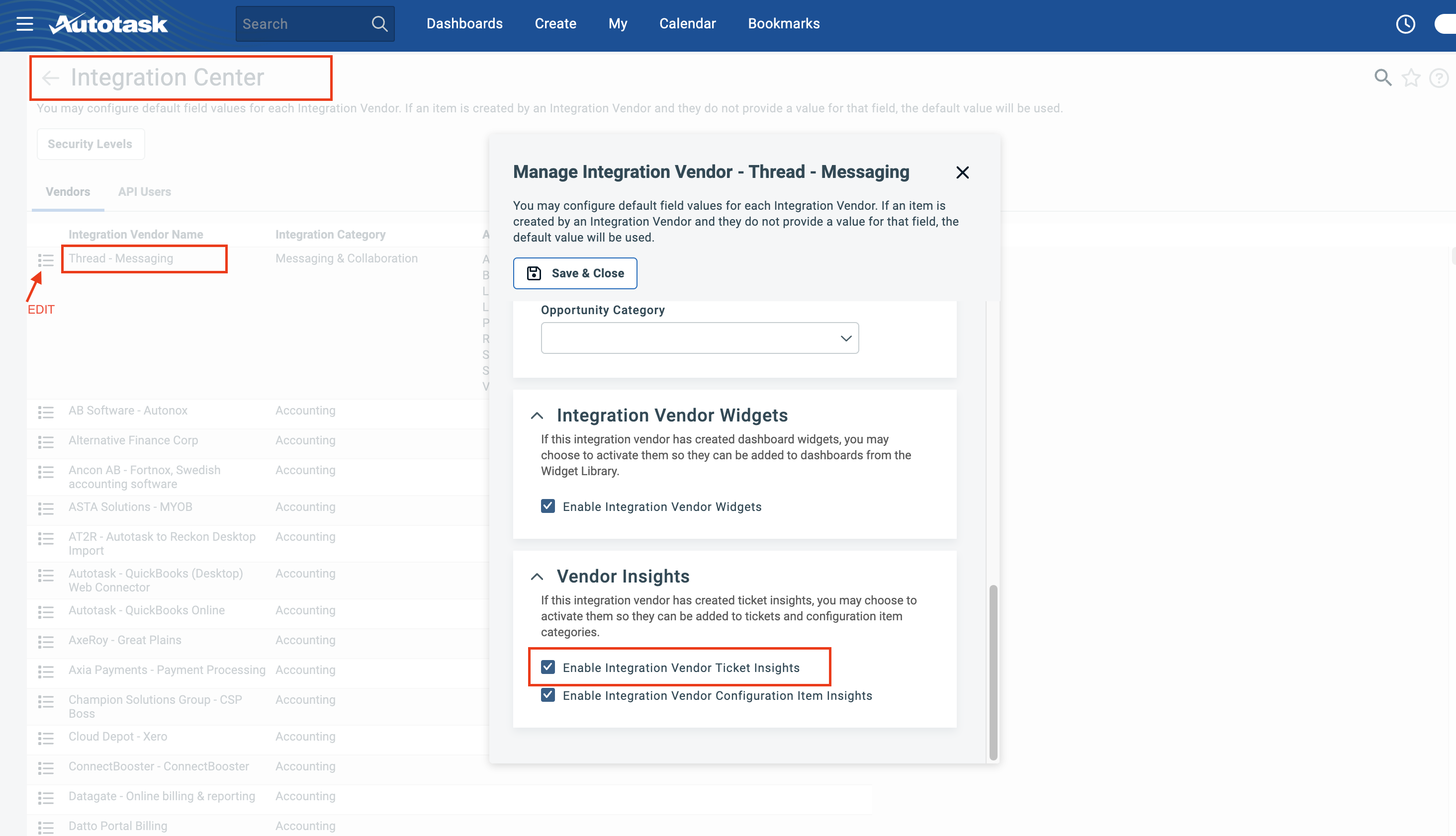 Enable Integration Vendor Ticket Insights checkbox