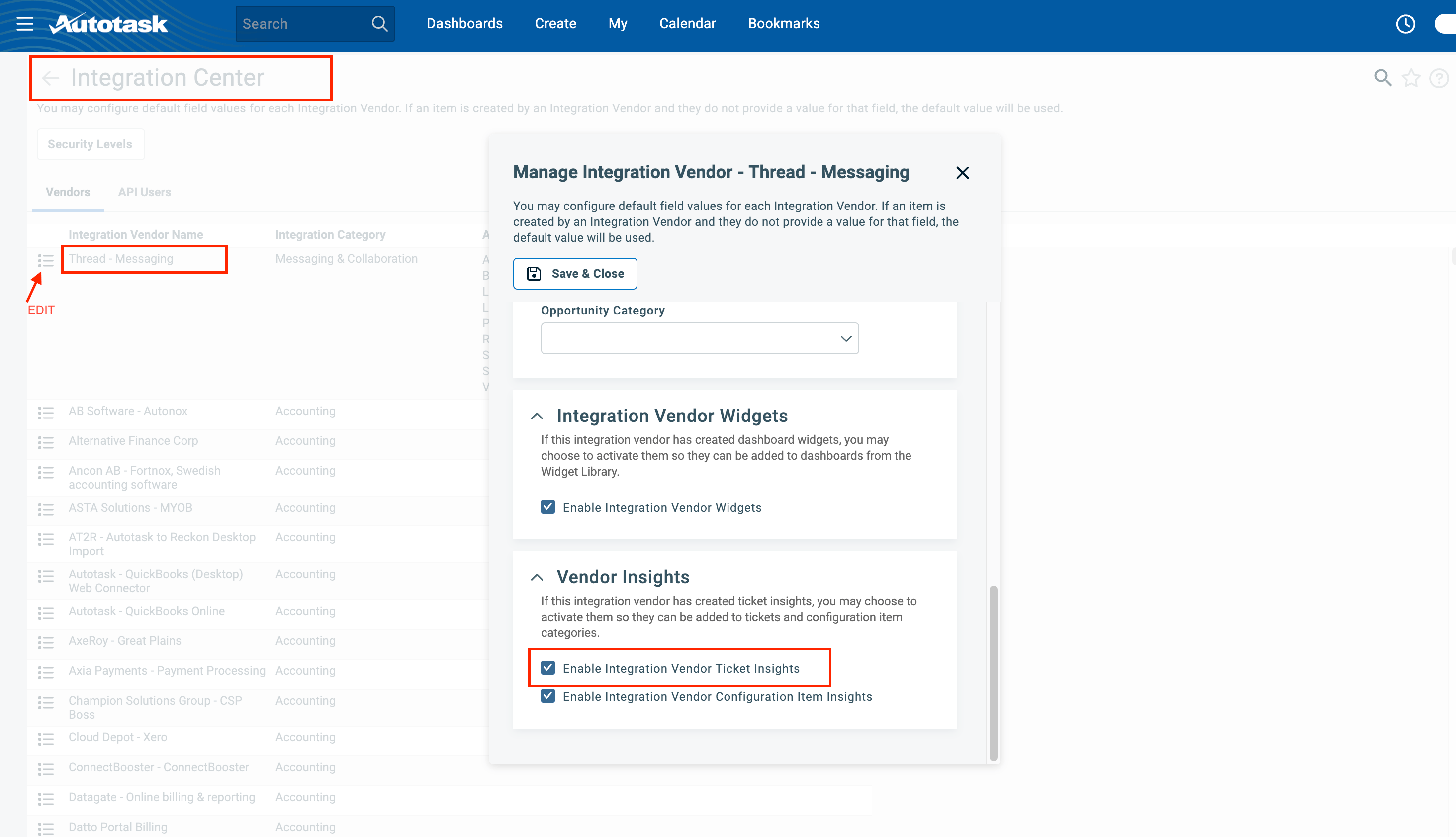 Enable Integration Vendor Ticket Insights checkbox