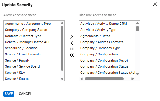Table Setup customize modal with the required permissions allowed