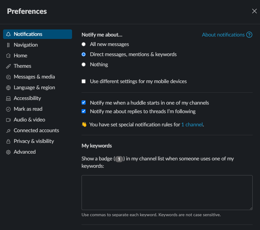 Slack personal notification preferences