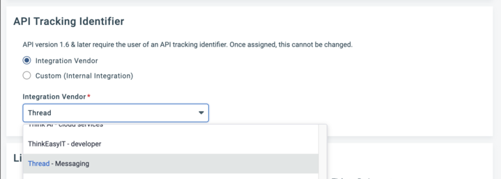 Integration Vendor dropdown with Thread - Messaging selected