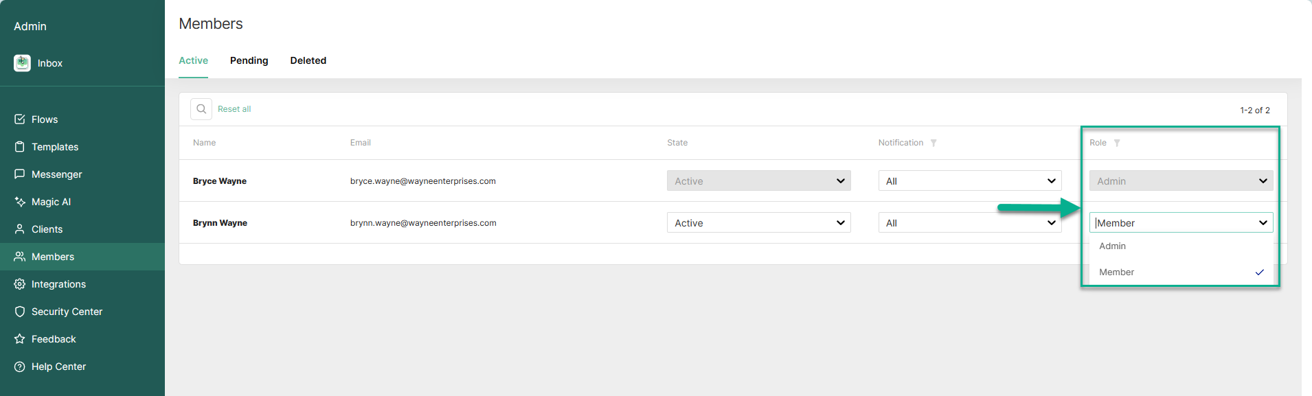 Member role selector on the Members page