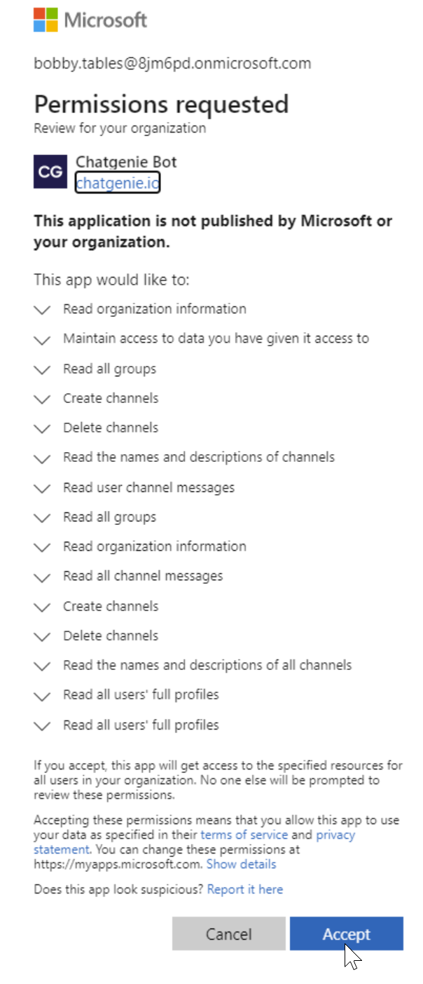 Prompt to grant permissions for the bot