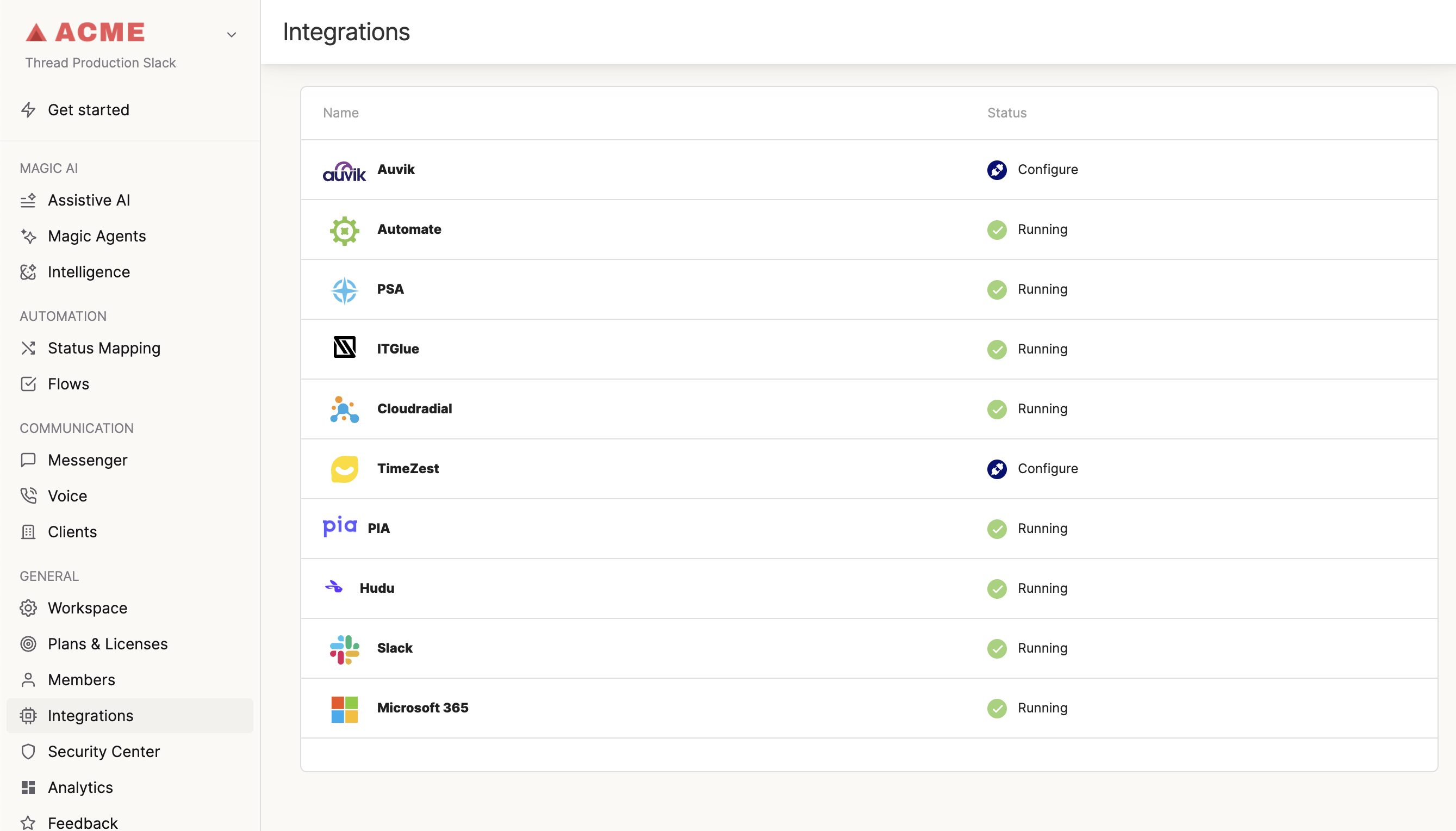 Hudu integration configuration in the Thread Admin dashboard