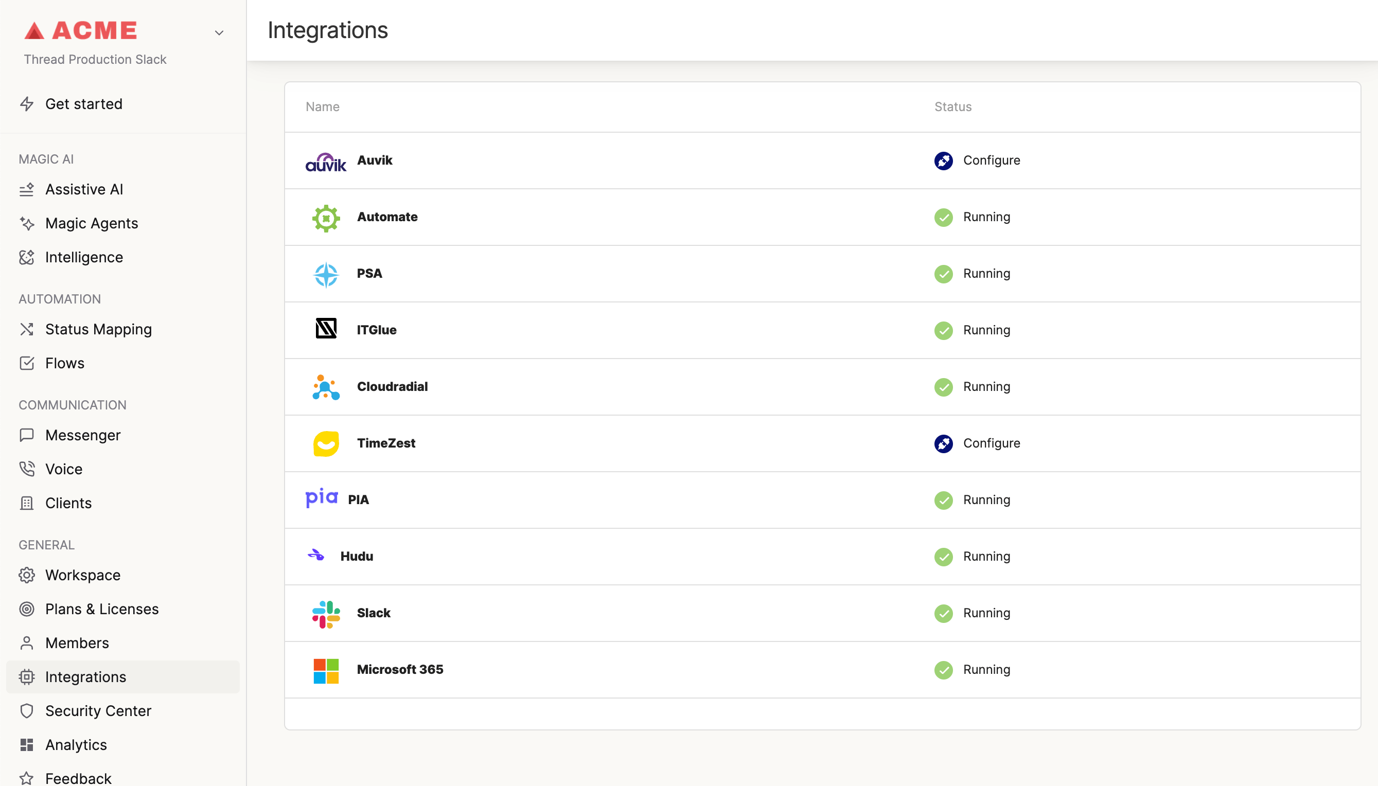 Hudu integration configuration in the Thread Admin dashboard