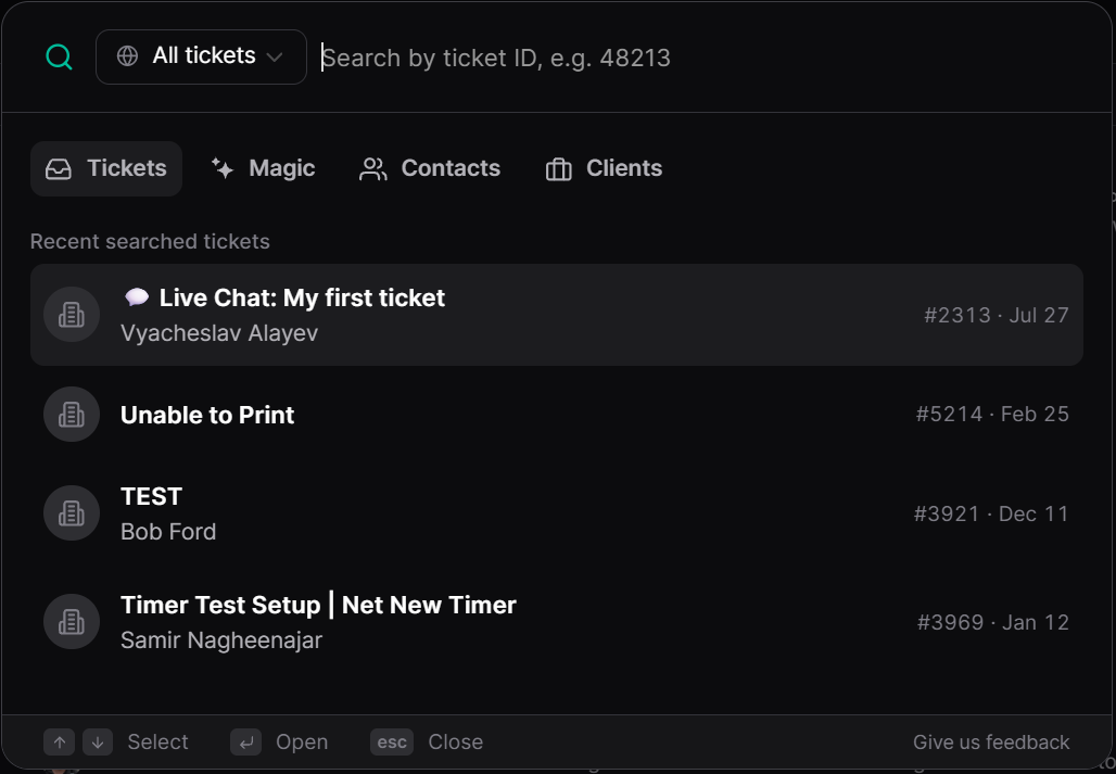 Global search open on the Tickets tab, with Magic, Contacts and Clients tabs and recently searched tickets