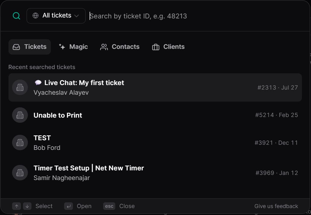 Global search open on the Tickets tab, with Magic, Contacts and Clients tabs and recently searched tickets