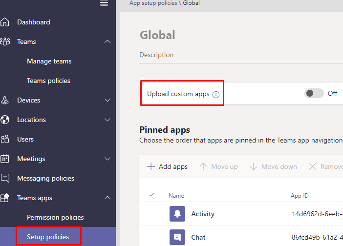 Teams app setup policy after enabling custom app uploads