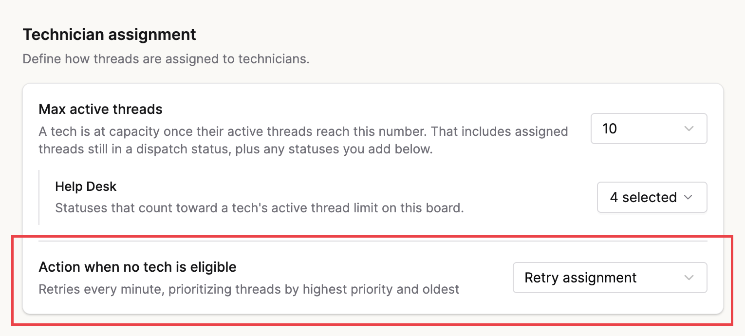 Action when no tech is eligible setting in an Auto-assign profile, set to Retry assignment