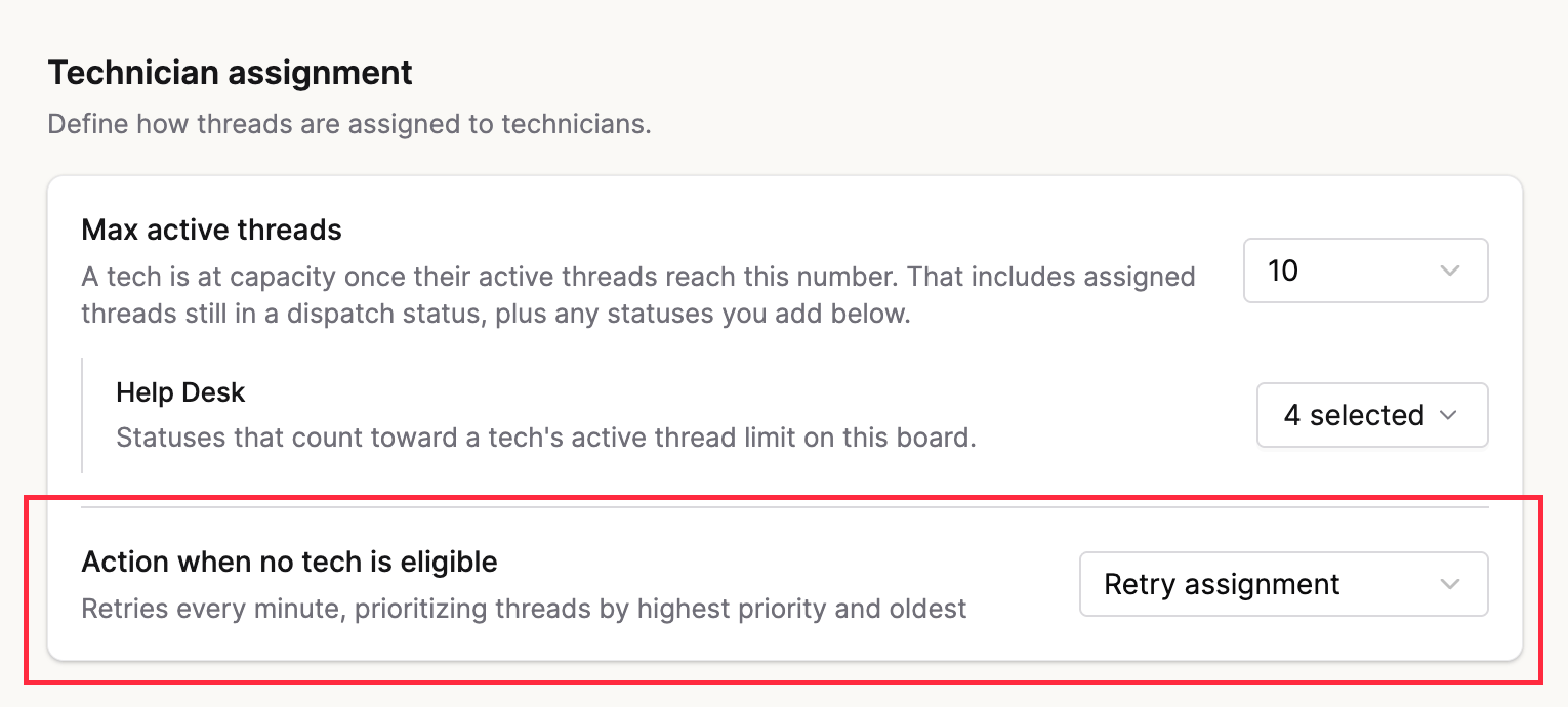 Action when no tech is eligible setting in an Auto-assign profile, set to Retry assignment