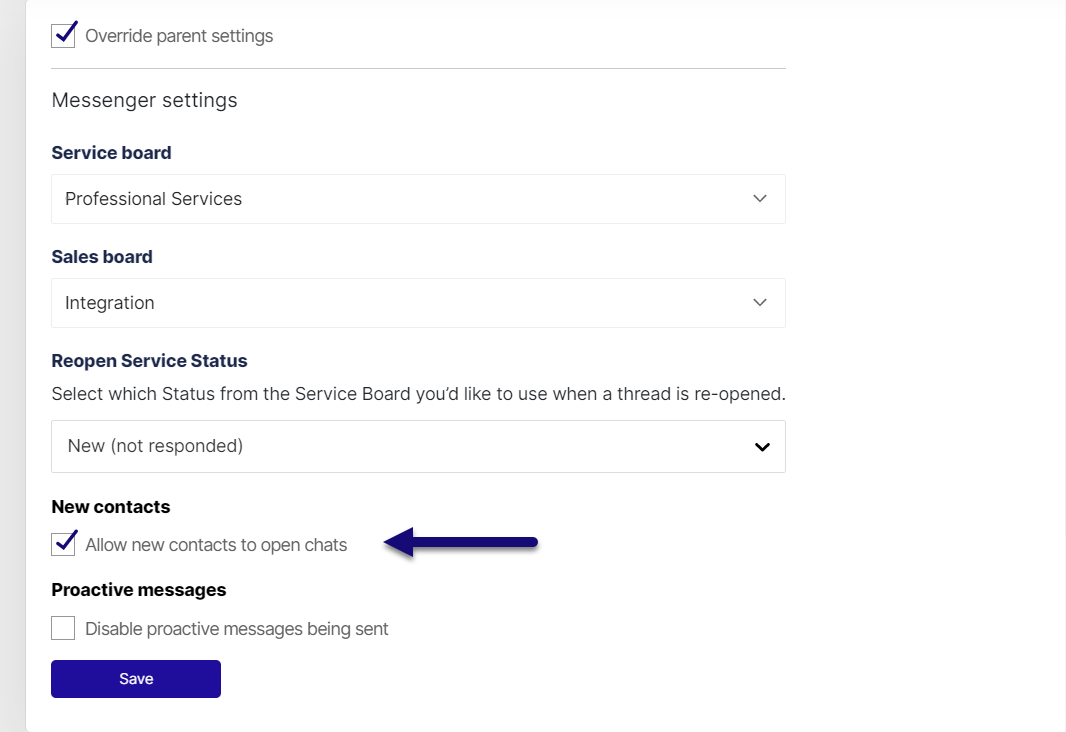 Allow new contacts to open chats setting enabled for a client