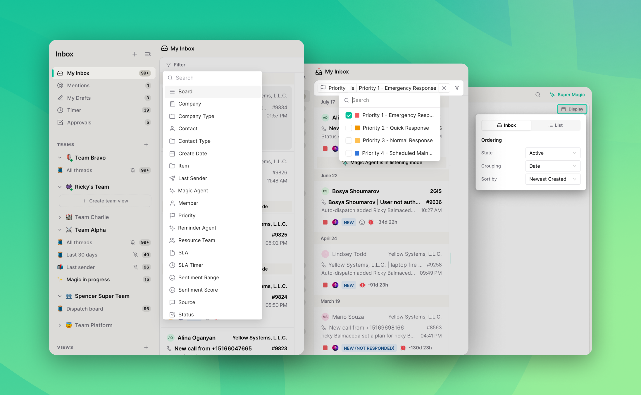 My Inbox with filters applied, the list view toggle, and customised columns