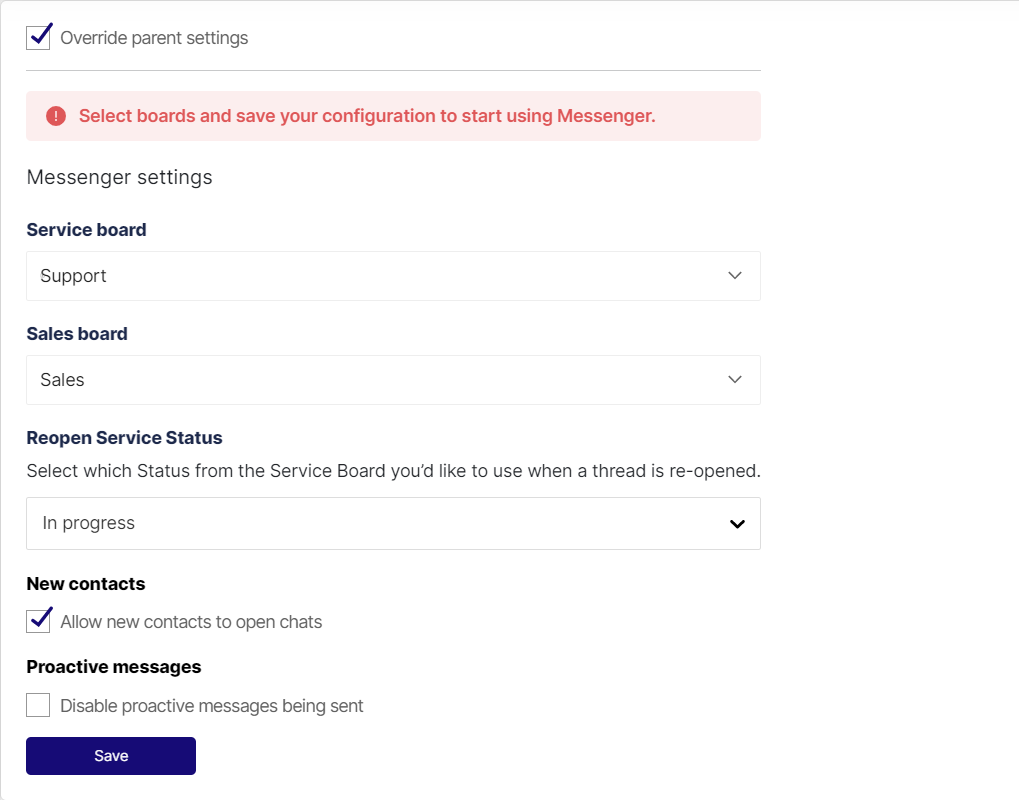Settings tab of a client in the Thread Admin Panel with Override parent settings ticked