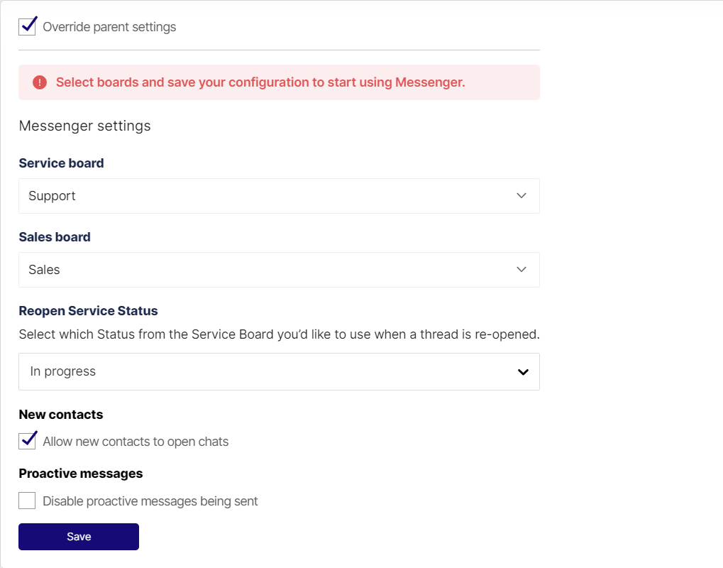 Settings tab of a client in the Thread Admin Panel with Override parent settings ticked