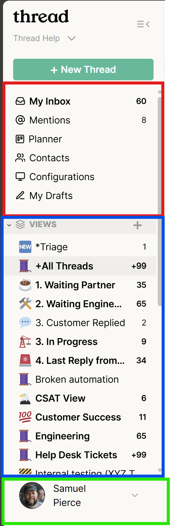 The Inbox viewer split into three subsections