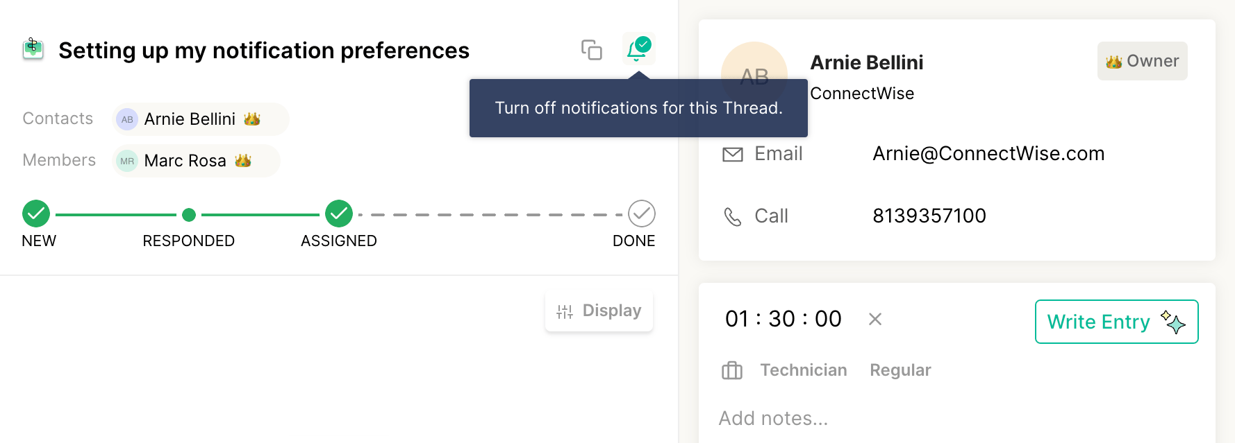 Bell icon toggle for thread-specific notifications