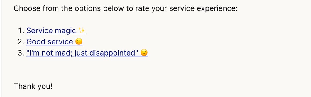 CSAT survey rating options rendered in-thread for the customer