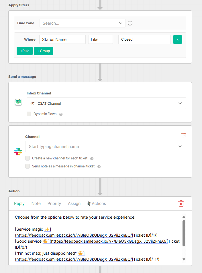 Example flow that automatically sends the CSAT survey when a thread is closed