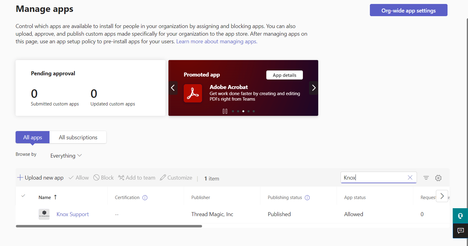 Searching for the Service App name in Manage Apps