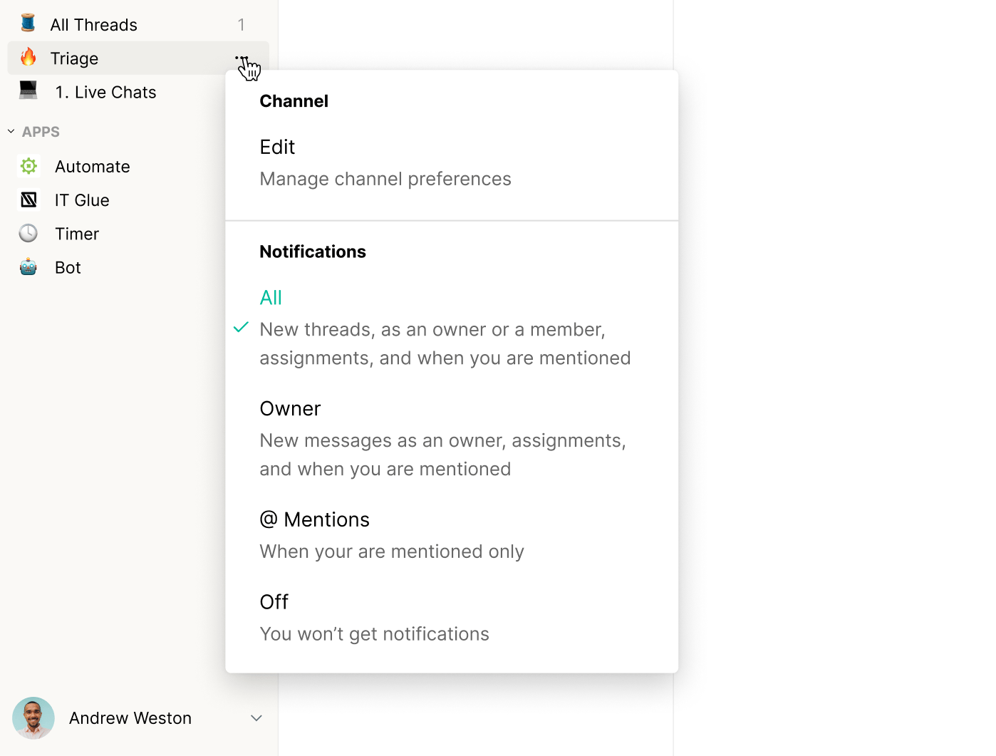 Notification preference options for a channel