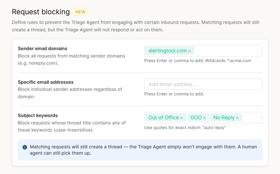 Request blocking settings in the Triage Agent, showing sender email domains, specific email addresses, and subject keywords fields.