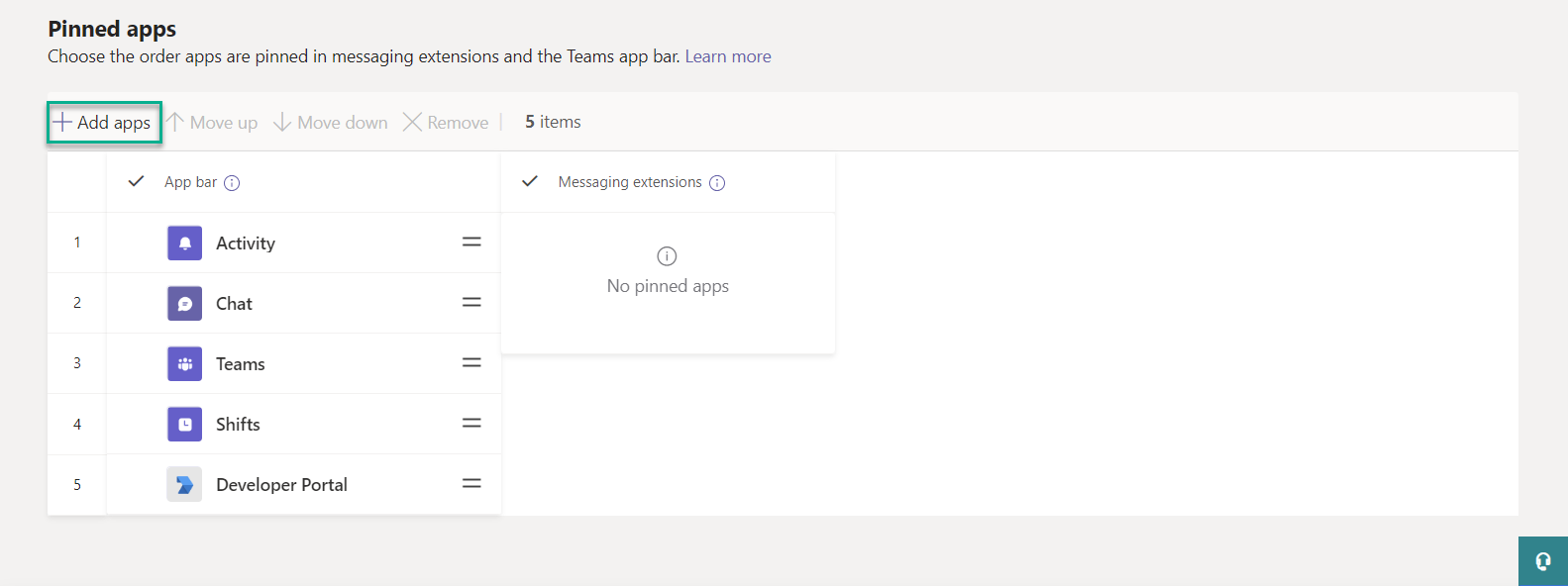 Add apps button in the Pinned apps section of a Teams setup policy
