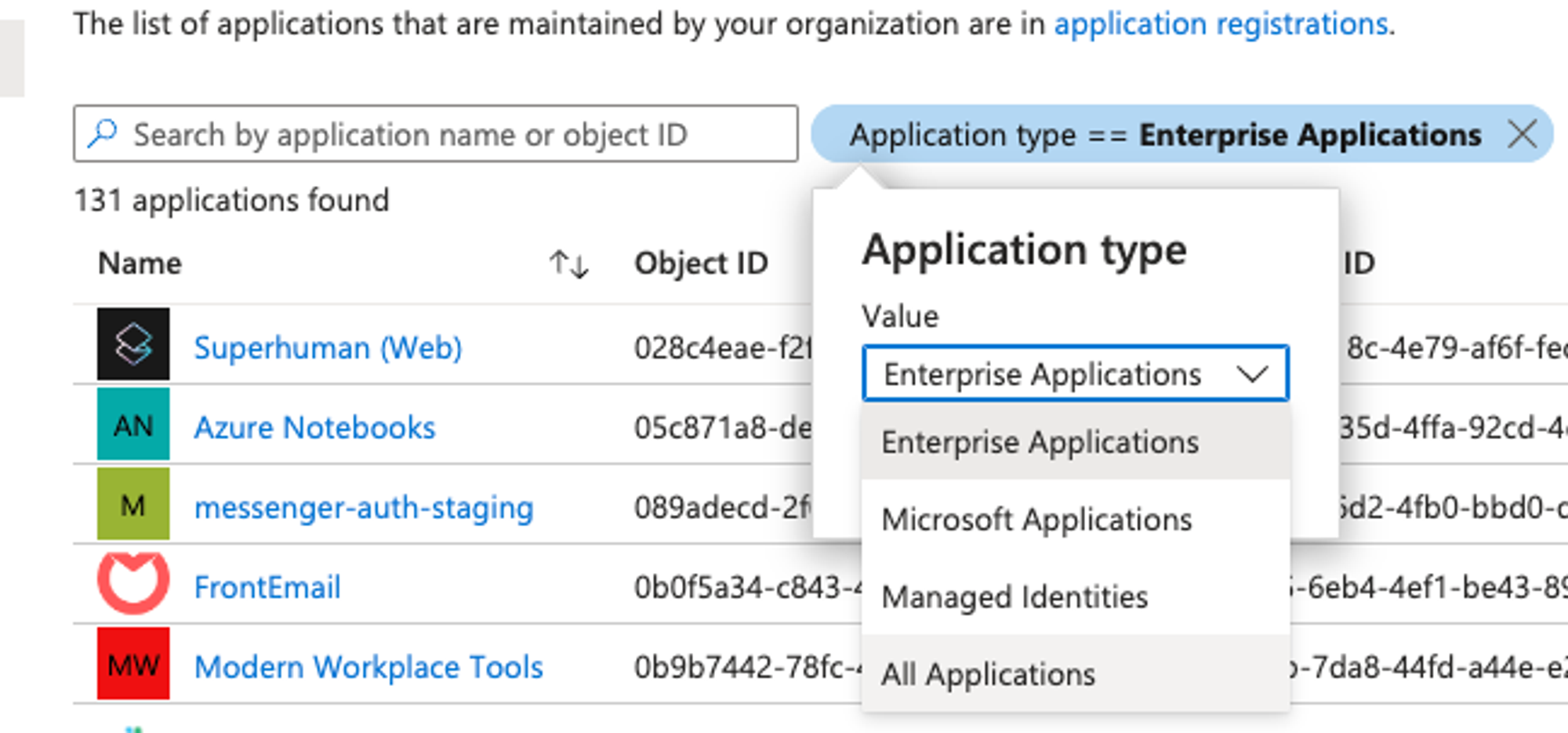 Enterprise applications list filtered to show all application types