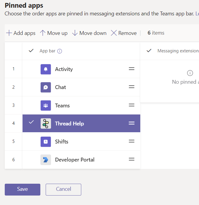 Pinned apps list with the Thread app positioned and ready to save