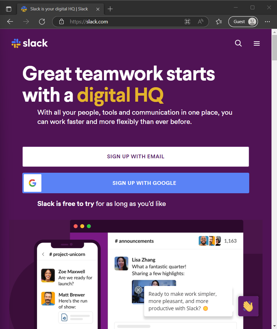 Slack sign-up entry point