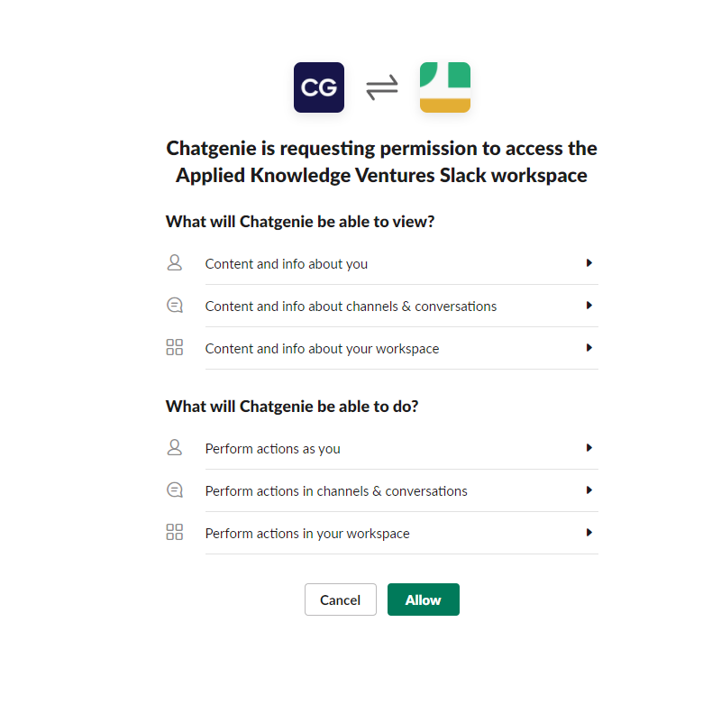 Slack permission prompt for the default Thread app