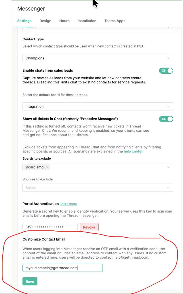 Customize Contact Email field on the Messenger Settings tab, where you enter the support address shown in OTP emails