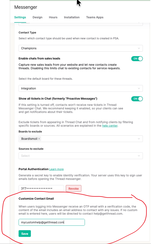 Customize Contact Email field on the Messenger Settings tab, where you enter the support address shown in OTP emails