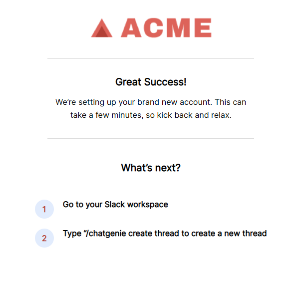 Success confirmation after the Slack app installs