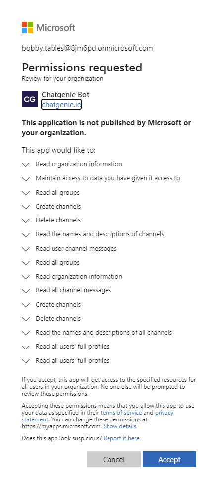 Microsoft consent screen granting permissions to the Thread Teams app