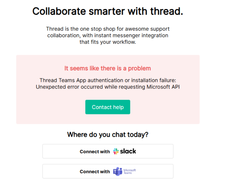 Thread Teams app authentication or installation failure error message