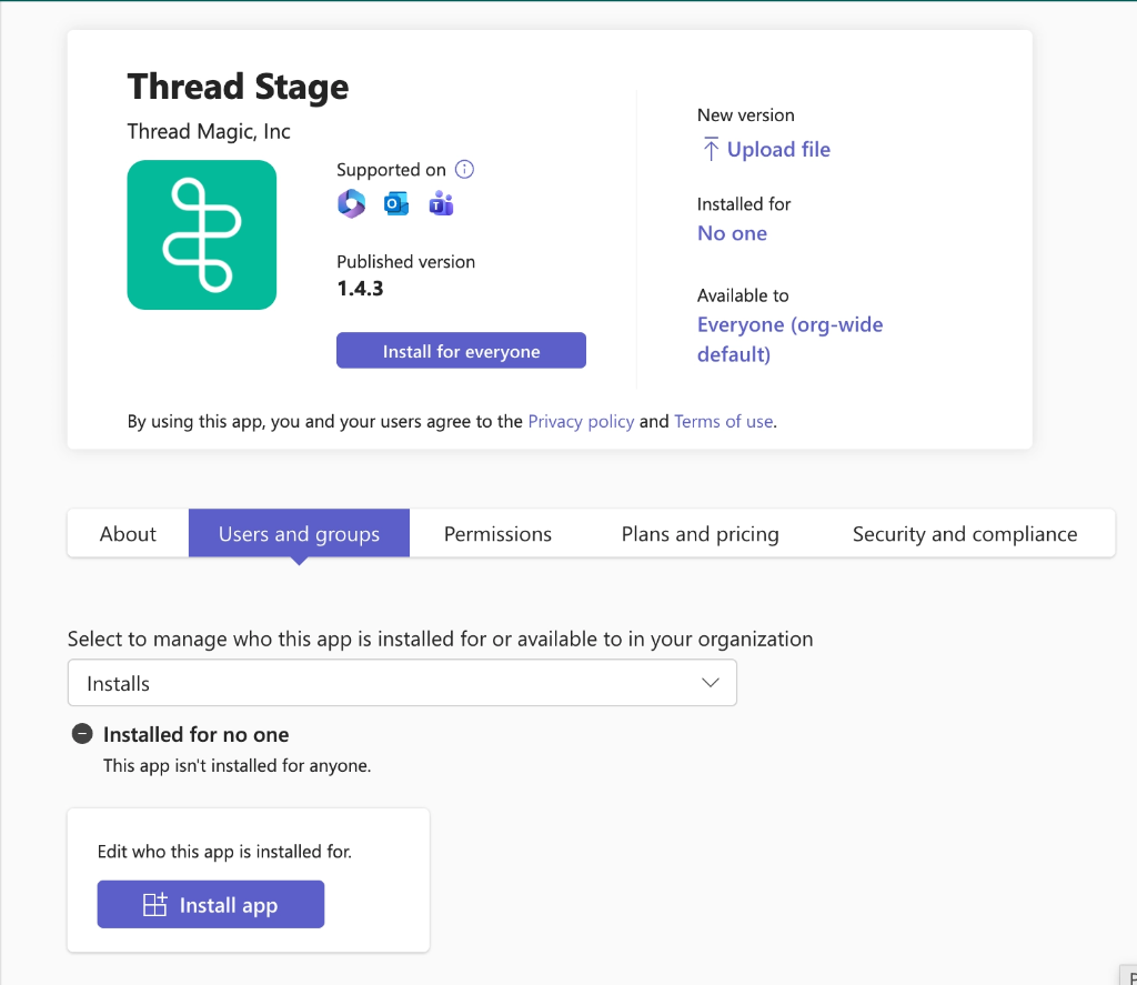 Teams app overview page showing publisher Thread Magic Inc and supported surfaces