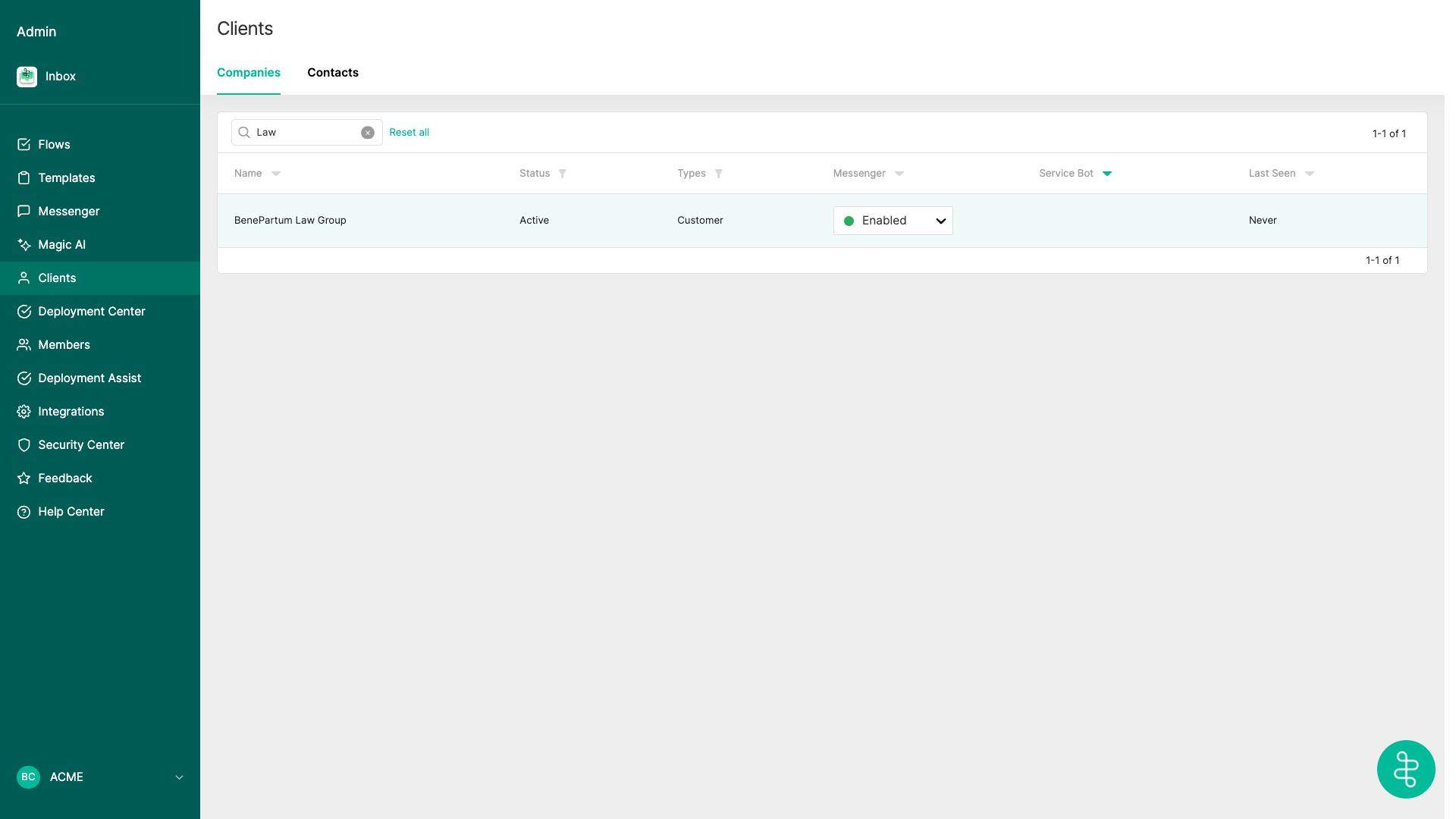 Searching for a client company in the Clients tab of the Thread Admin Panel