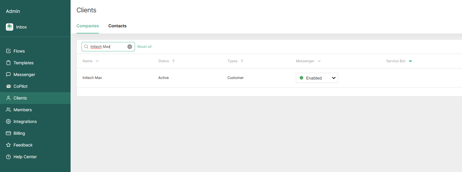 Searching for a customer in the Clients tab of the Thread Admin Panel