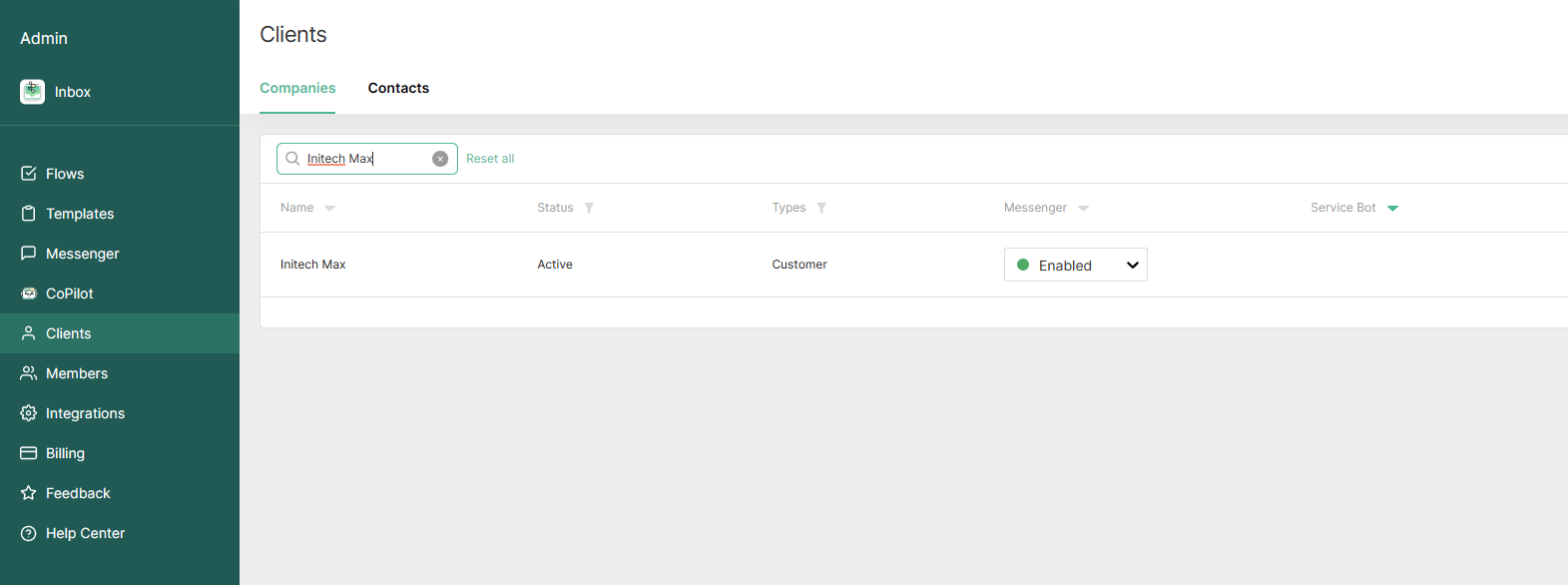 Searching for a customer in the Clients tab of the Thread Admin Panel