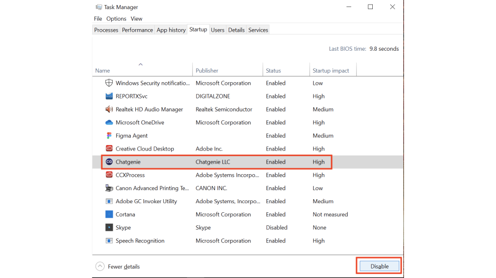 Toggling Messenger auto-start off in Windows startup settings
