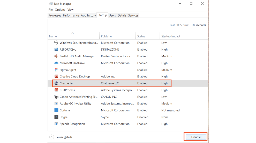 Toggling Messenger auto-start off in Windows startup settings
