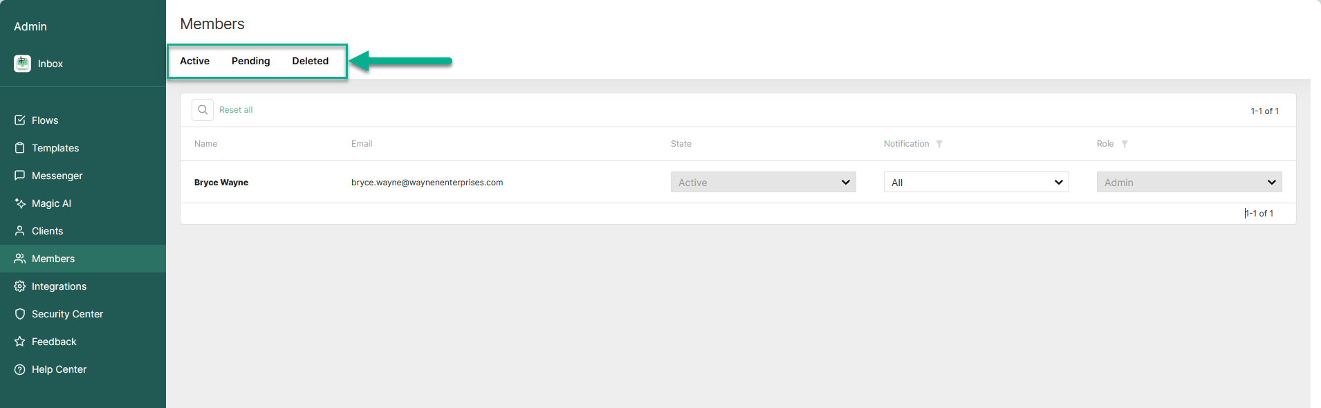 Member state tabs at the top of the Members screen