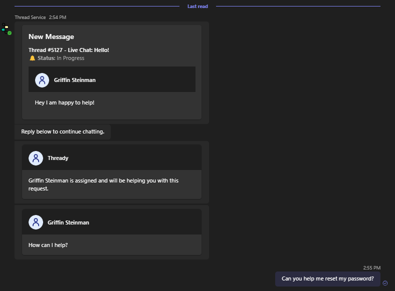 Message from the tech shown in the chat tab