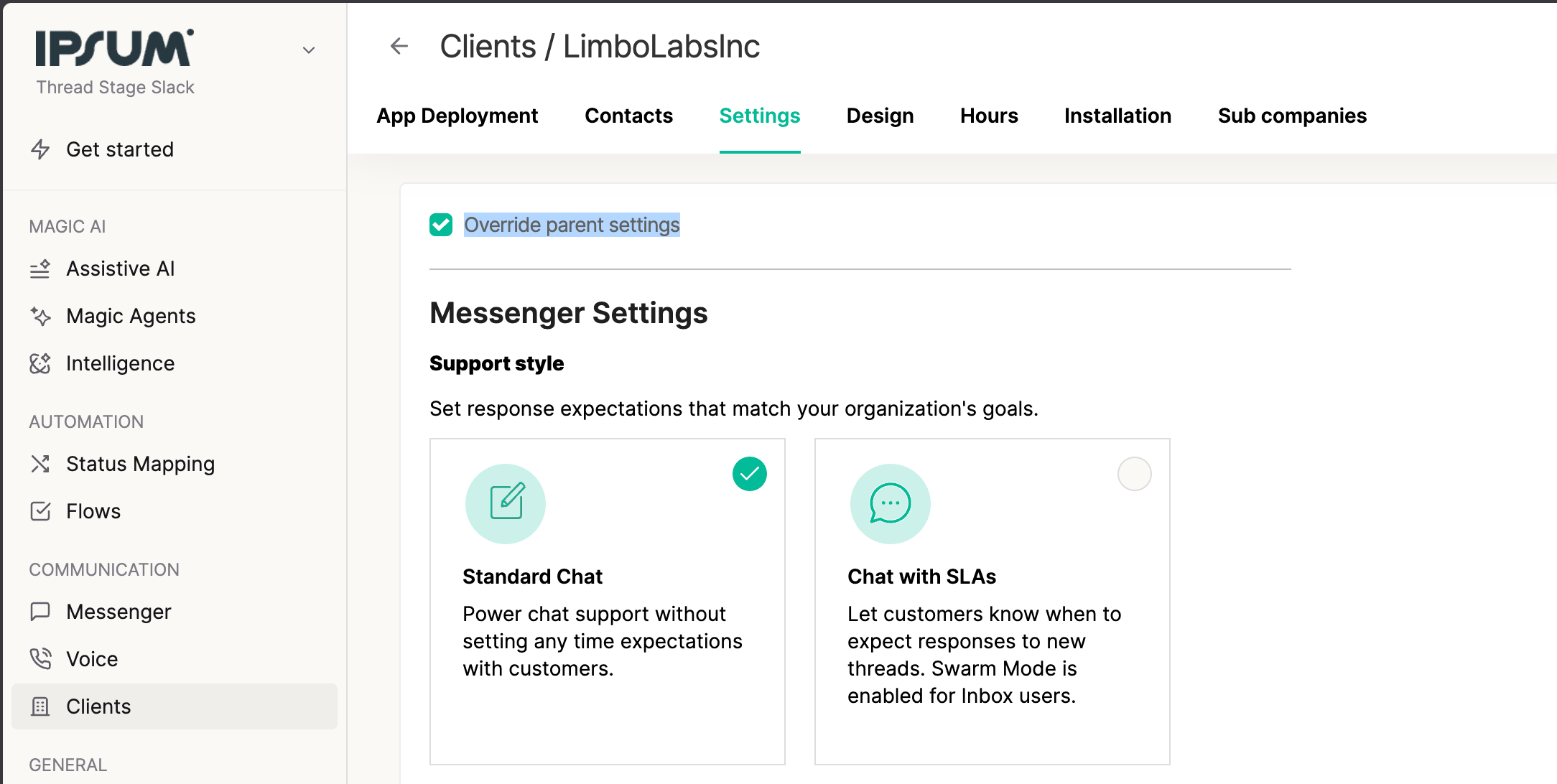 Override parent settings checkbox in client Settings
